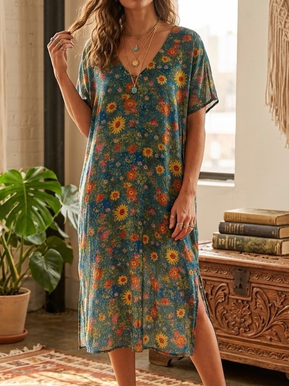 Natural Life Patti Side Slit Floral Print Midi Dress SIZE MEDIUM